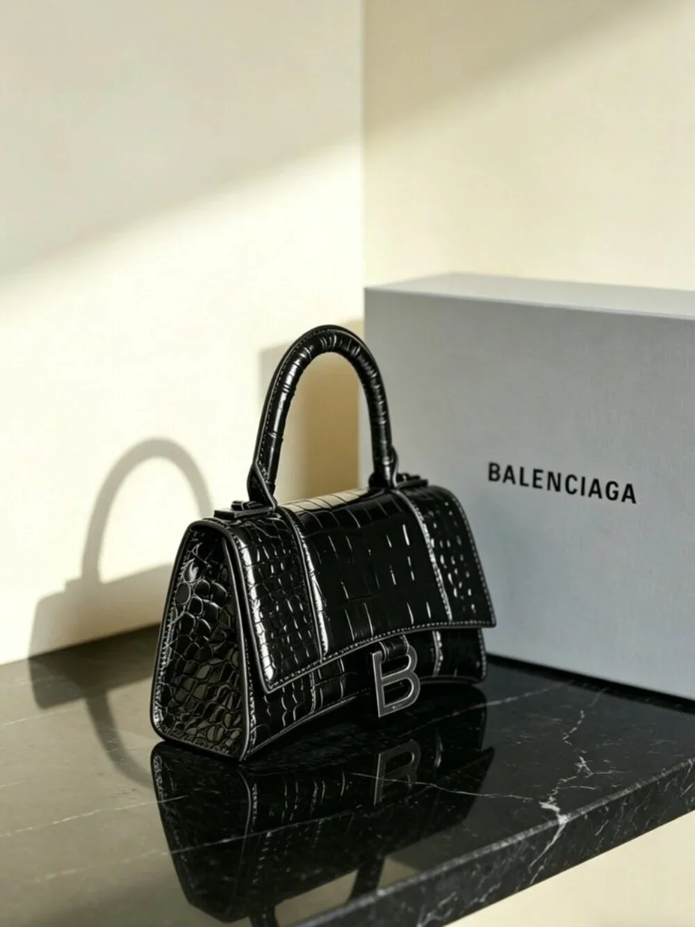 Balenciaga Hourglass XS Black Crocodile Embossed Handbag